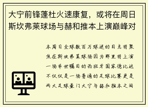 大宁前锋蓬杜火速康复，或将在周日斯坎弗莱球场与赫和推本上演巅峰对决